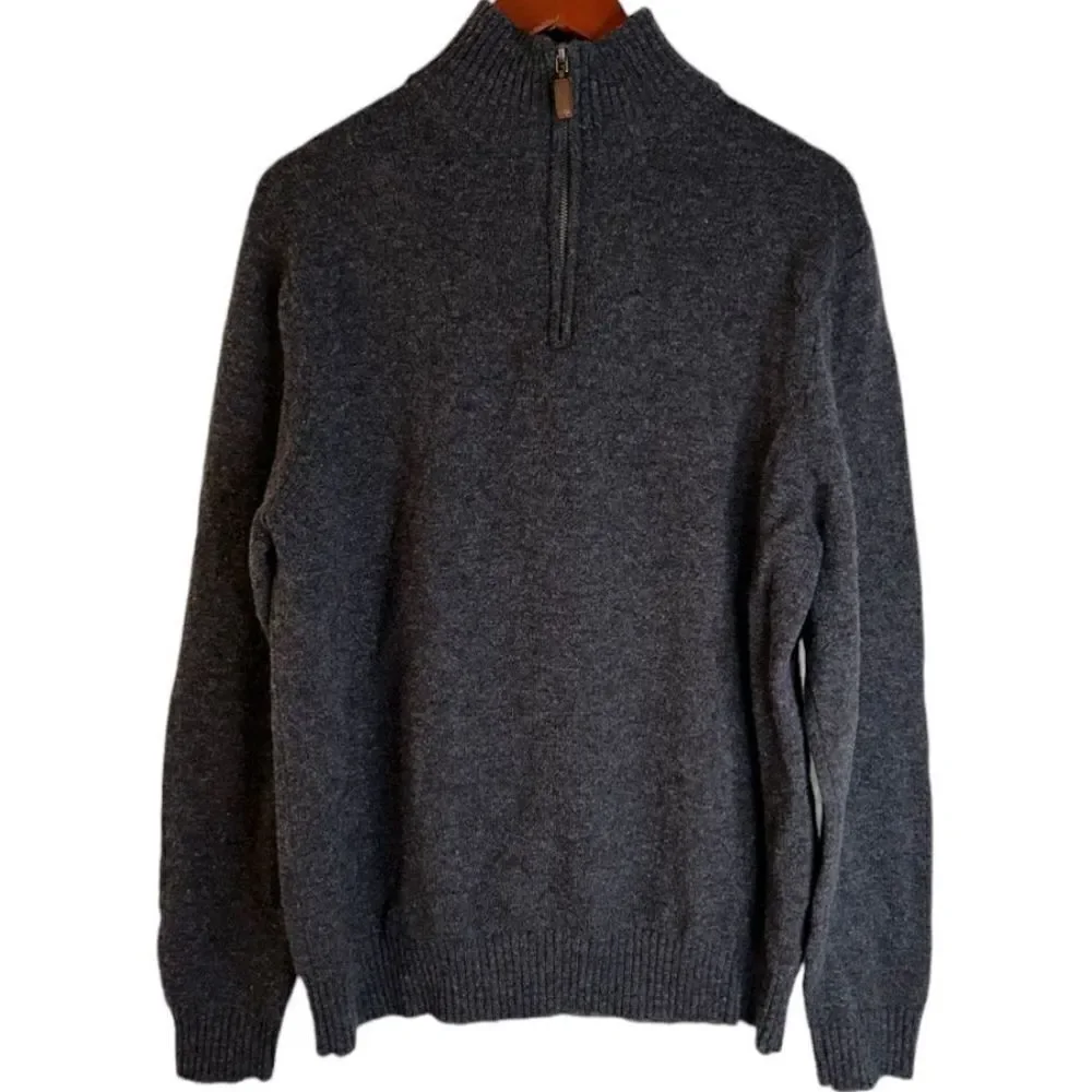 J. Crew Mens 100% Lambswool Charcoal 1/4th Zip Ribbed Trim Pullover Sweater